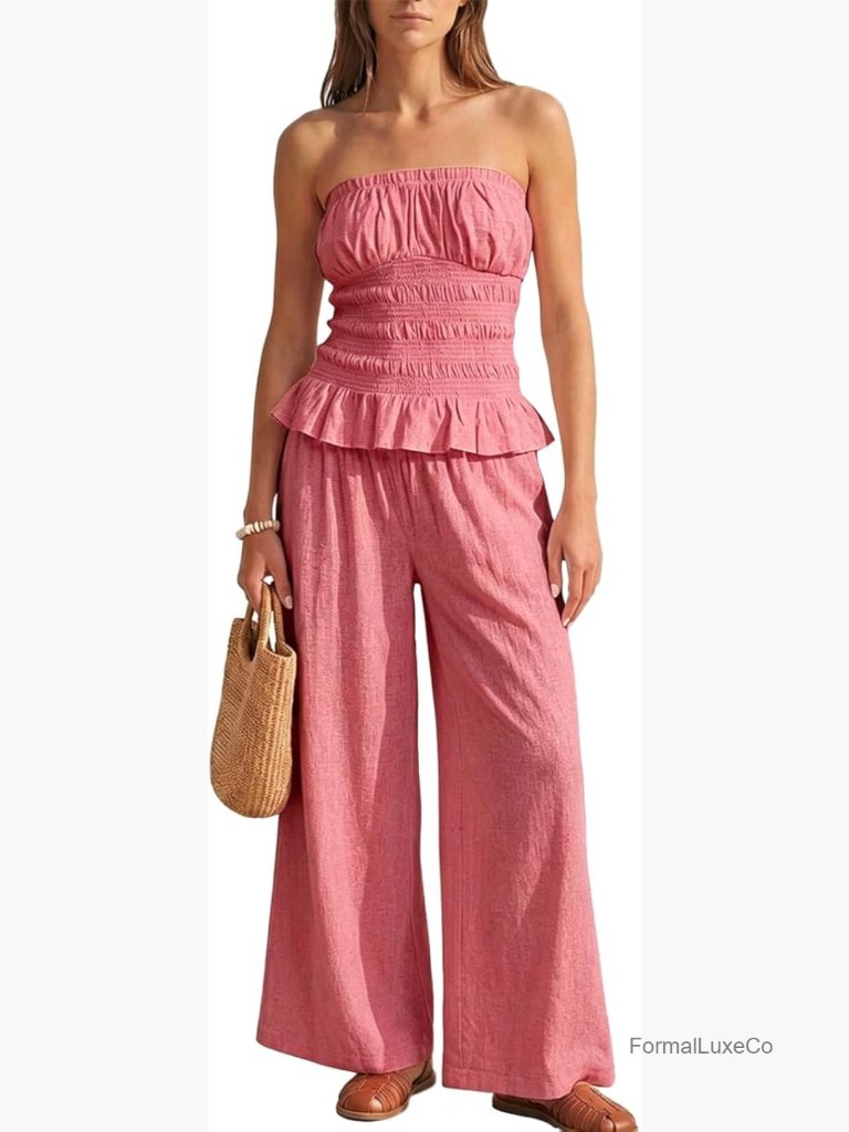 Two Piece Strapless Wide Leg Pants Set With Pockets Vacation Outfit